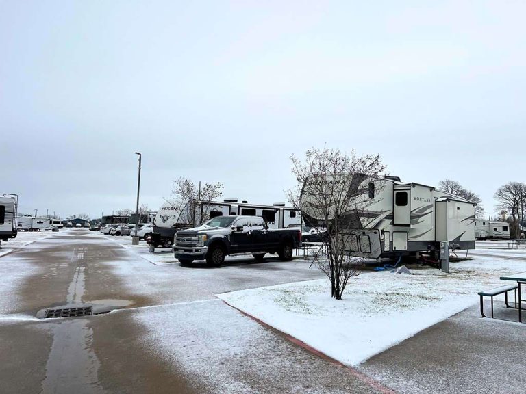 An RV in snowy weather.